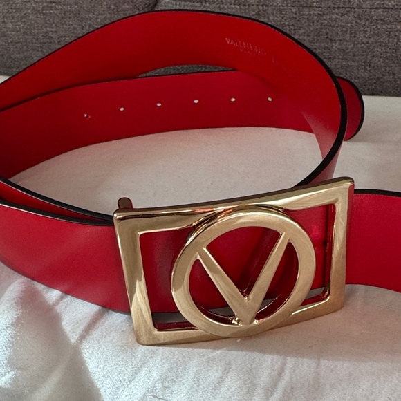 Valentino Bold Red Belt with Iconic Gold Buckle - Picture 1 of 8